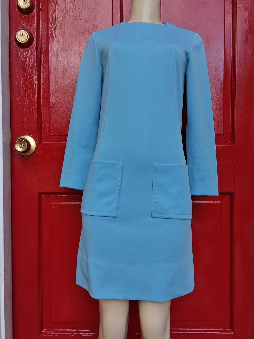 Vtg Light Blue Long-Sleeve Shift Dress with Patch Pockets